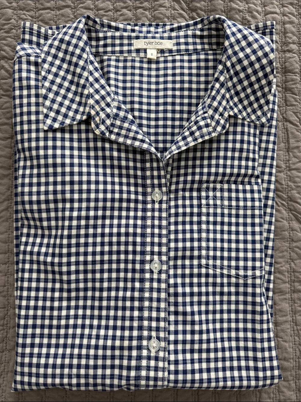 Tyler boe classic navy blue check button down shirt, size S